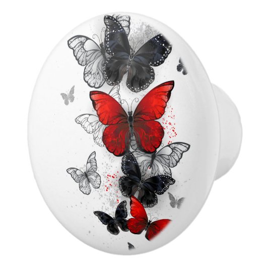Vliegende Zwarte en Rode Morpho Vlinders Keramische Knop (Rechts)