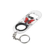 Vliegende Zwarte en Rode Morpho Vlinders Mini Flessenopener (Achterkant Gekanteld)