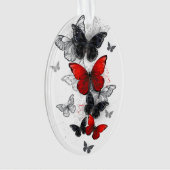 Vliegende zwarte en rode Morpho-vlinders Ornament (voorkant)