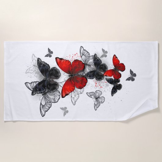 Vliegende Zwarte en Rode Morpho Vlinders Strandlaken (Voorkant)