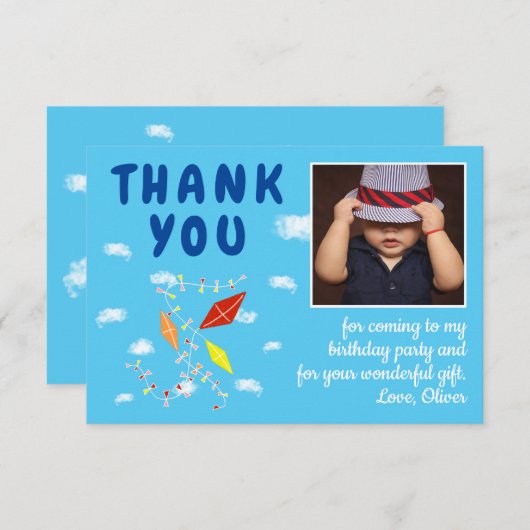 Vliegers Wolken Blauw Kinderen Foto Verjaardag Bedankkaart (Voorkant / Achterkant)