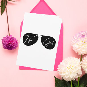 Vliegmeisje, Aviator Zonnebril,Script,Leuke Verjaa Kaart