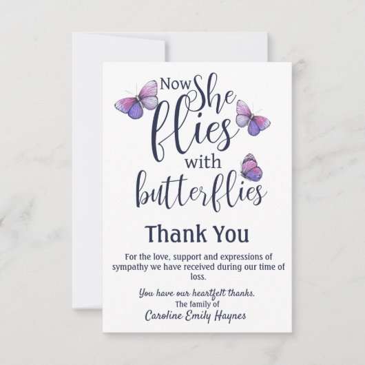 Vliegt met Butterflies Dank u voor de begrafenissy Bedankkaart (Voorkant)