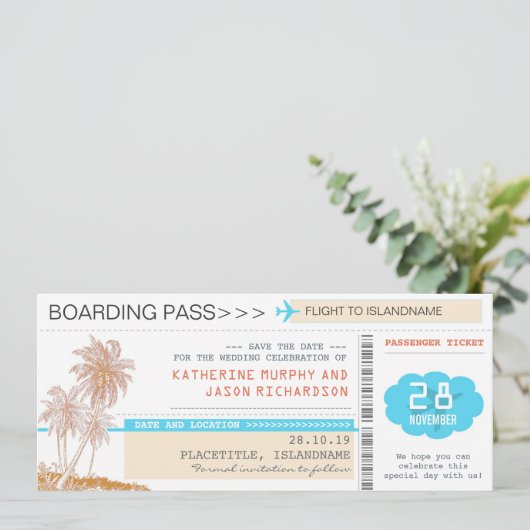 Vliegtickets Boardingpass Save the Date Design (Staand voorkant)