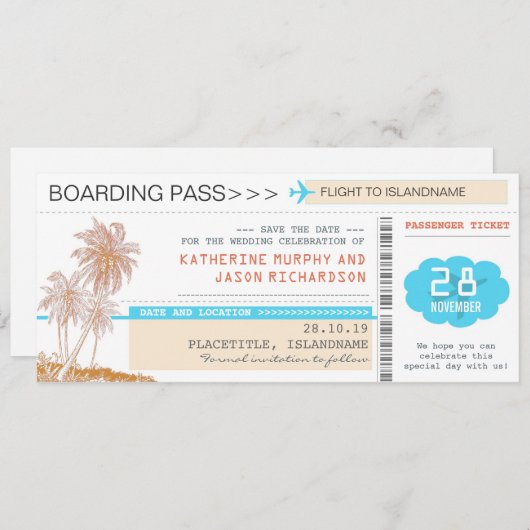 Vliegtickets Boardingpass Save the Date Design (Voorkant / Achterkant)