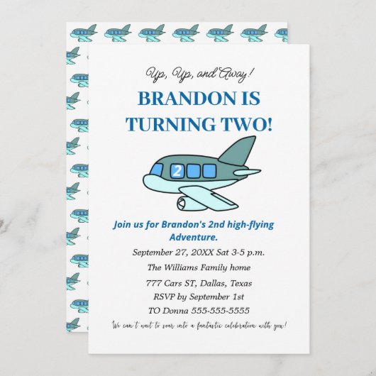 Vliegtuig 2e verjaardag Boy Blue Kinder Vliegtuige Kaart (Voorkant / Achterkant)