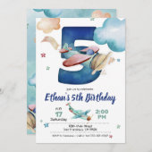 Vliegtuig 5th Birthday Uitnodiging - Vliegtuigthem (Voorkant / Achterkant)