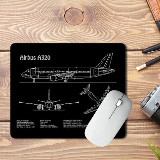 Vliegtuig Airbus A320 in blauwdruk PD Muismat