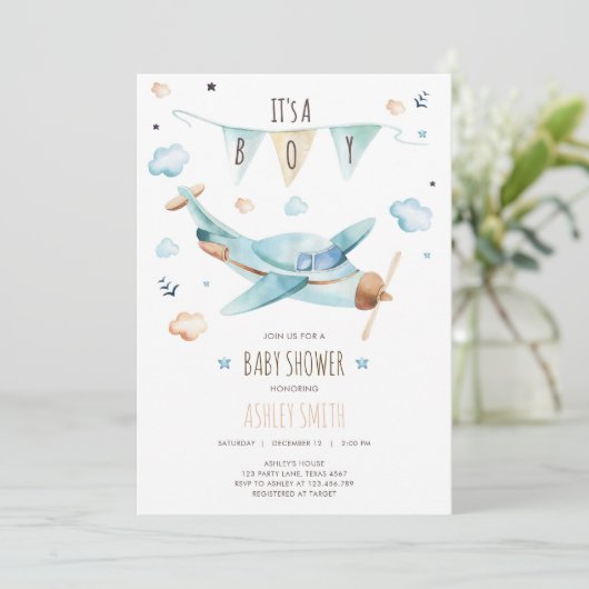 Vliegtuig avontuur Het is een Baby shower van een Kaart (Staand voorkant)