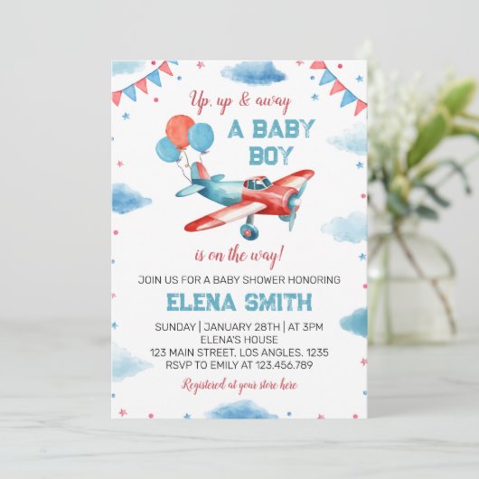  Vliegtuig Baby Boy Baby shower Uitnodiging (Staand voorkant)