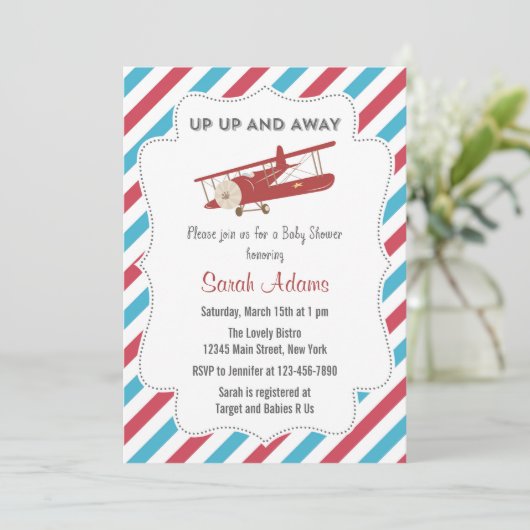  Vliegtuig Baby shower Uitnodiging Rood en Blauw (Staand voorkant)