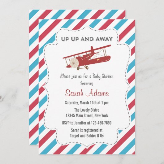  Vliegtuig Baby shower Uitnodiging Rood en Blauw (Voorkant / Achterkant)
