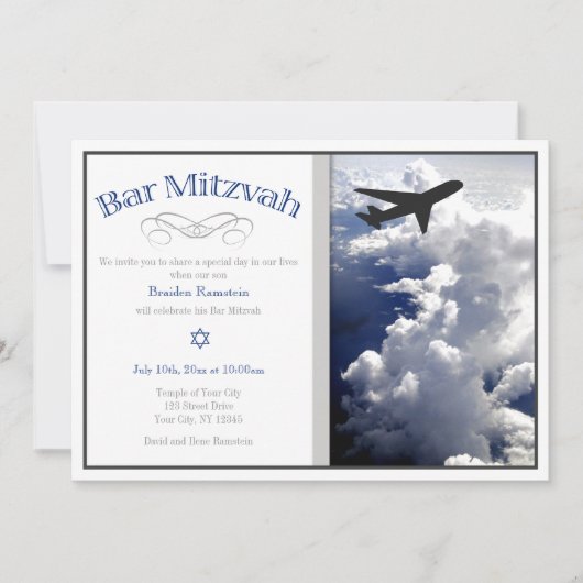 Vliegtuig Boven de Wolken Bar Mitzvah Uitnodiginge Kaart (Voorkant)