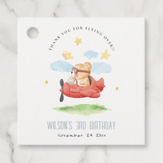 Vliegtuig boven Teddy Bear Animal Planthday Bedankjes Labels (Voorkant)