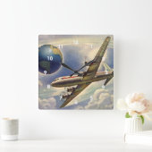  vliegtuig dat over de hele wereld in wolken vlieg vierkante klok (Huis)