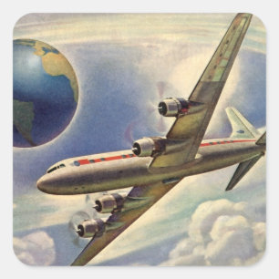  vliegtuig dat over de hele wereld in wolken vlieg vierkante sticker