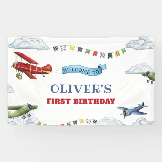 vliegtuig eerste verjaardag welkomstbanner spandoek (Horizontaal)