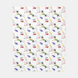 Vliegtuig, fiets, boeken, rood, geel, blauw reizen fleece deken