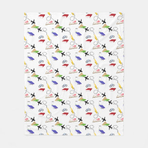 Vliegtuig, fiets, boeken, rood, geel, blauw reizen fleece deken