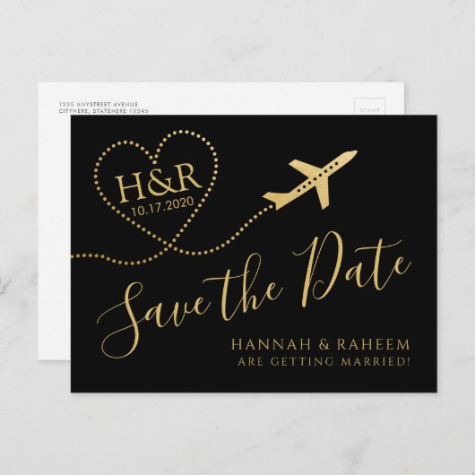 Vliegtuig — Heart Destination Wedding Save the Dat Aankondigingskaart (Voorkant / Achterkant)