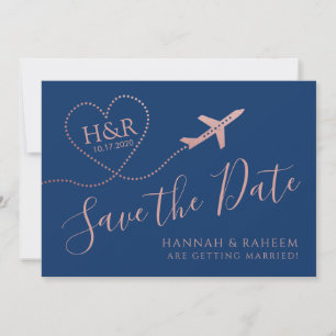 Vliegtuig Heart Roos Gold en Navy Blue Destination Save The Date