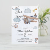 Vliegtuig Het is een Jongen Baby shower Uitnodigin Kaart (Staand voorkant)