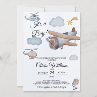 Vliegtuig Het is een Jongen Baby shower Uitnodigin Kaart