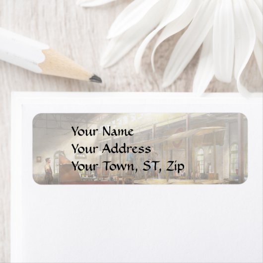 Vliegtuig - in de vliegtuigfabriek van 1918 etiket (Insitu)