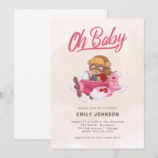 Vliegtuig Meisje Baby shower Uitnodiging (Voorkant / Achterkant)