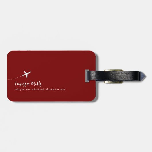 Vliegtuig met gestippelde route donkerrood bagagelabel (Achterkant horizontaal)