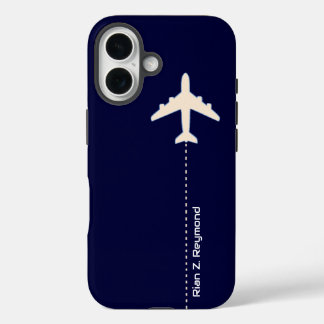 Vliegtuig met stippellijn op donkerblauw iPhone 16 hoesje