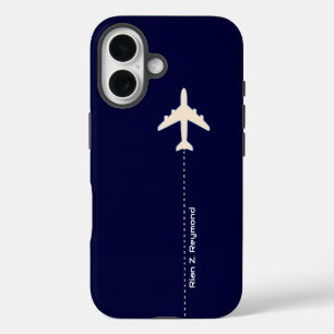 Vliegtuig met stippellijn op donkerblauw iPhone 16 hoesje