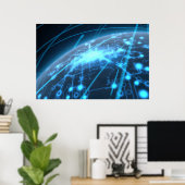 Vliegtuig met verlicht netwerk- en lichtspoor poster (Thuiskantoor)