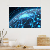 Vliegtuig met verlicht netwerk- en lichtspoor poster (Keuken)