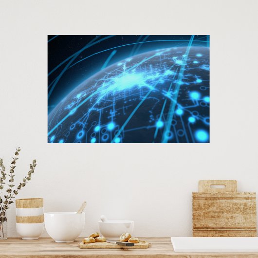 Vliegtuig met verlicht netwerk- en lichtspoor poster (Keuken)