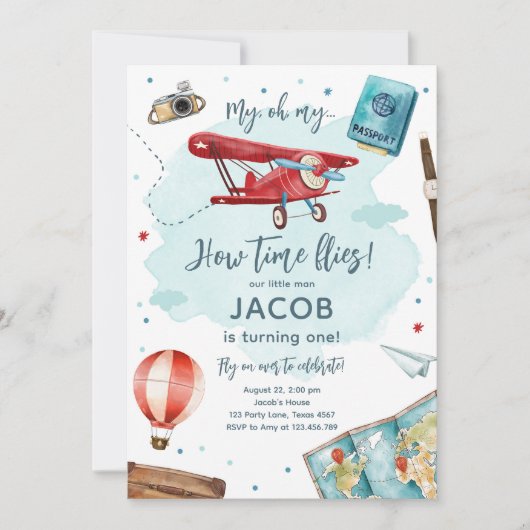 Vliegtuig Oh My Time vliegt Reis Eerste Verjaardag Kaart (Voorkant)