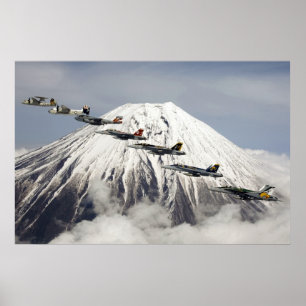 Vliegtuig Over de berg Fuji, Japan Poster
