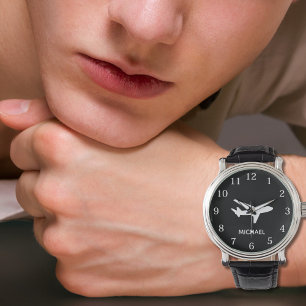 Vliegtuig Piloot Luchtvaart Zwart en Wit Aangepast Horloge