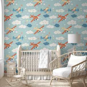 Vliegtuig Sterren en Cloud Pattern Baby kwekerij Behang