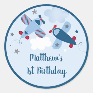 Vliegtuig sterren wolken jongen verjaardag ronde sticker