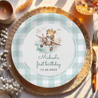 Vliegtuig Teddy Bear Pastel Gingham 1e verjaardag Papieren Bordje