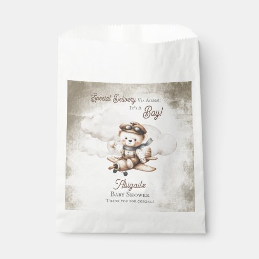 Vliegtuig Teddy Bear Special Delivery Baby shower Bedankzakje (Voorkant)