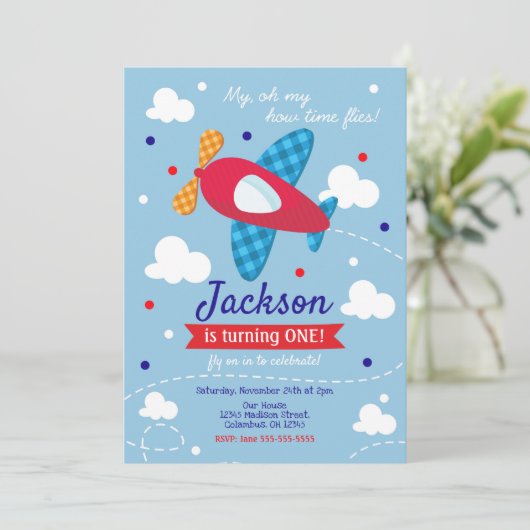Vliegtuig Verjaardag Uitnodiging Jongen / Time Fli (Staand voorkant)