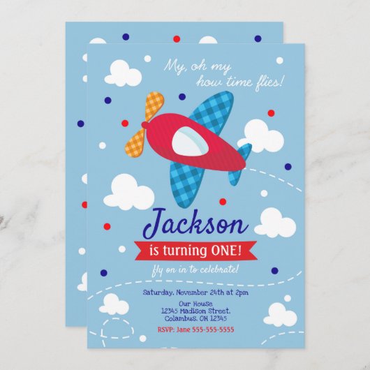 Vliegtuig Verjaardag Uitnodiging Jongen / Time Fli (Voorkant / Achterkant)