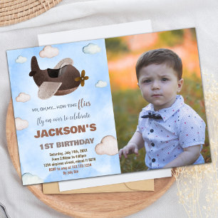 Vliegtuig Verjaardag Uitnodigingen Blauw Bruin W F