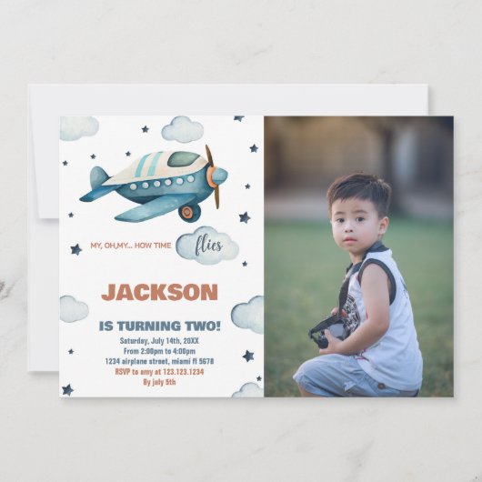 Vliegtuig Verjaardag Uitnodigingen Blauw met Foto (Voorkant)