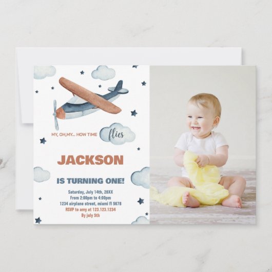 Vliegtuig Verjaardag Uitnodigingen Grijs Sinaasapp (Voorkant)