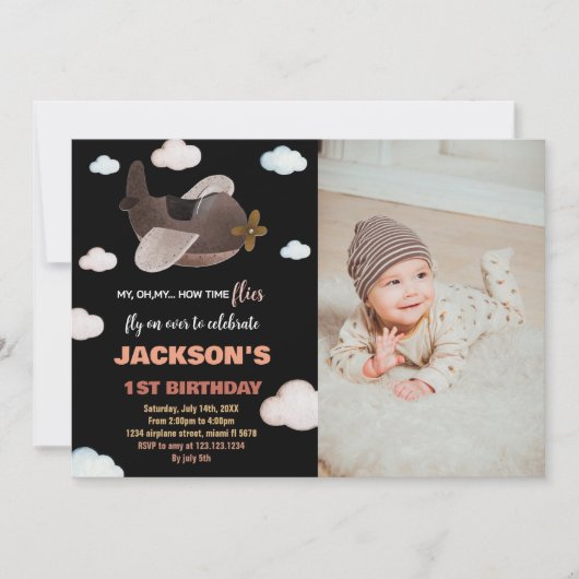 Vliegtuig Verjaardag Uitnodigingen Zwart Bruin W F (Voorkant)