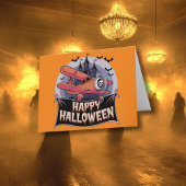 Vliegtuig vliegt over vrolijke Halloween-banner Kaart