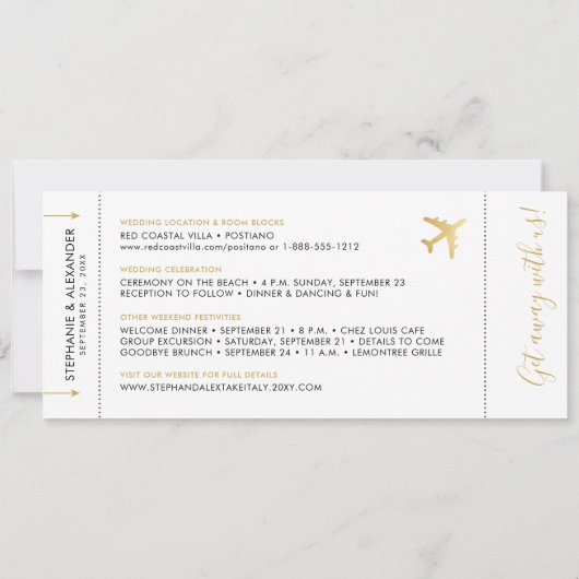 Vliegtuig voor weduwschap op goudbestemming save the date (Achterkant)